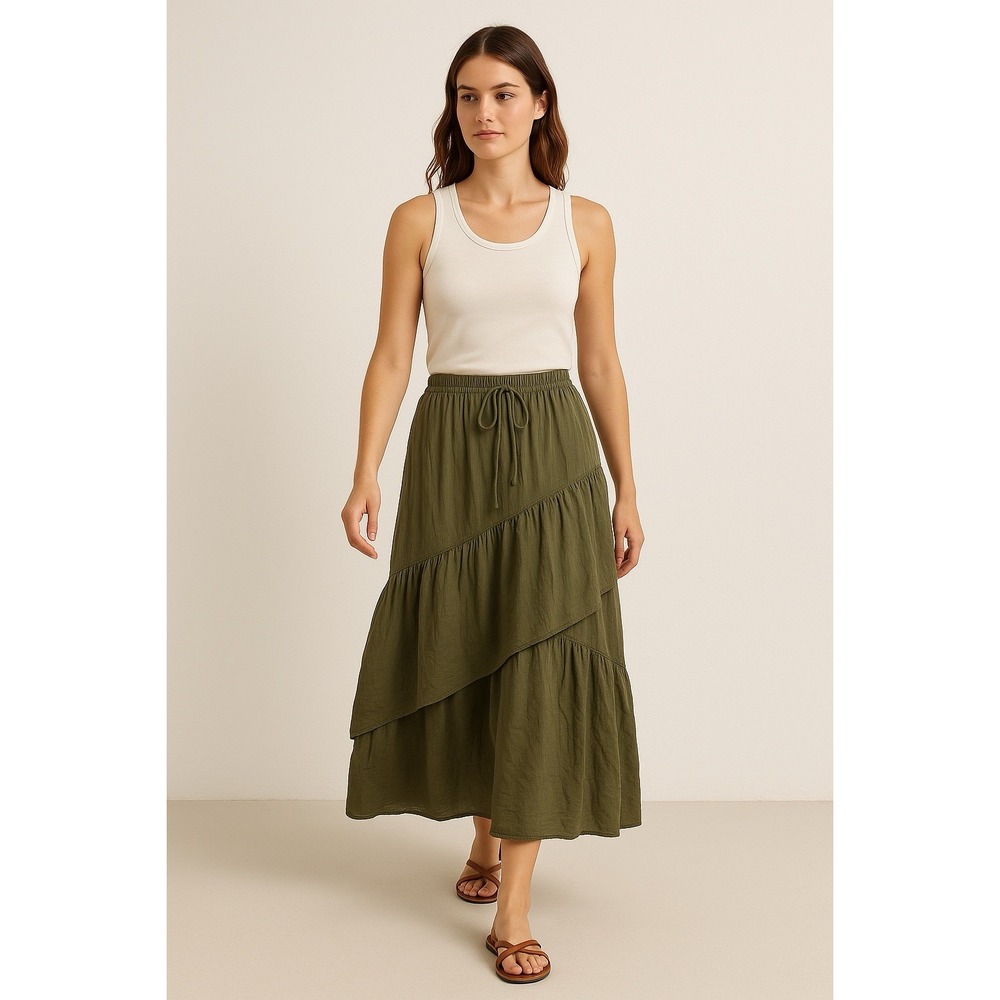 Scarlet‎ Darkness Maxi Skirt Womens S Olive Tiered Drawstring Ruffled Boho